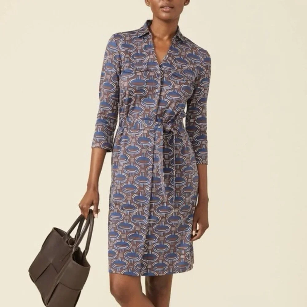 J. McLaughlin Brynn Dress Belted Shirtdress Catalina Cloth Navy Brown XS - Picture 1 of 9